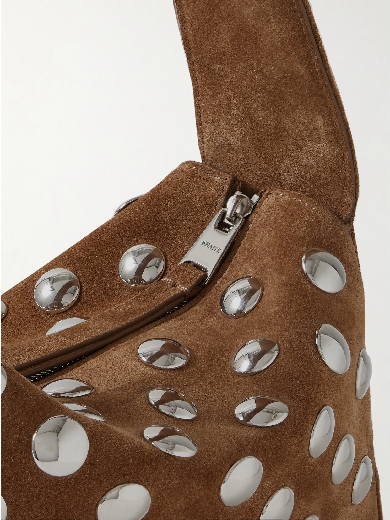 Shop Khaite Elena Small Studded Suede Shoulder Bag In Brown