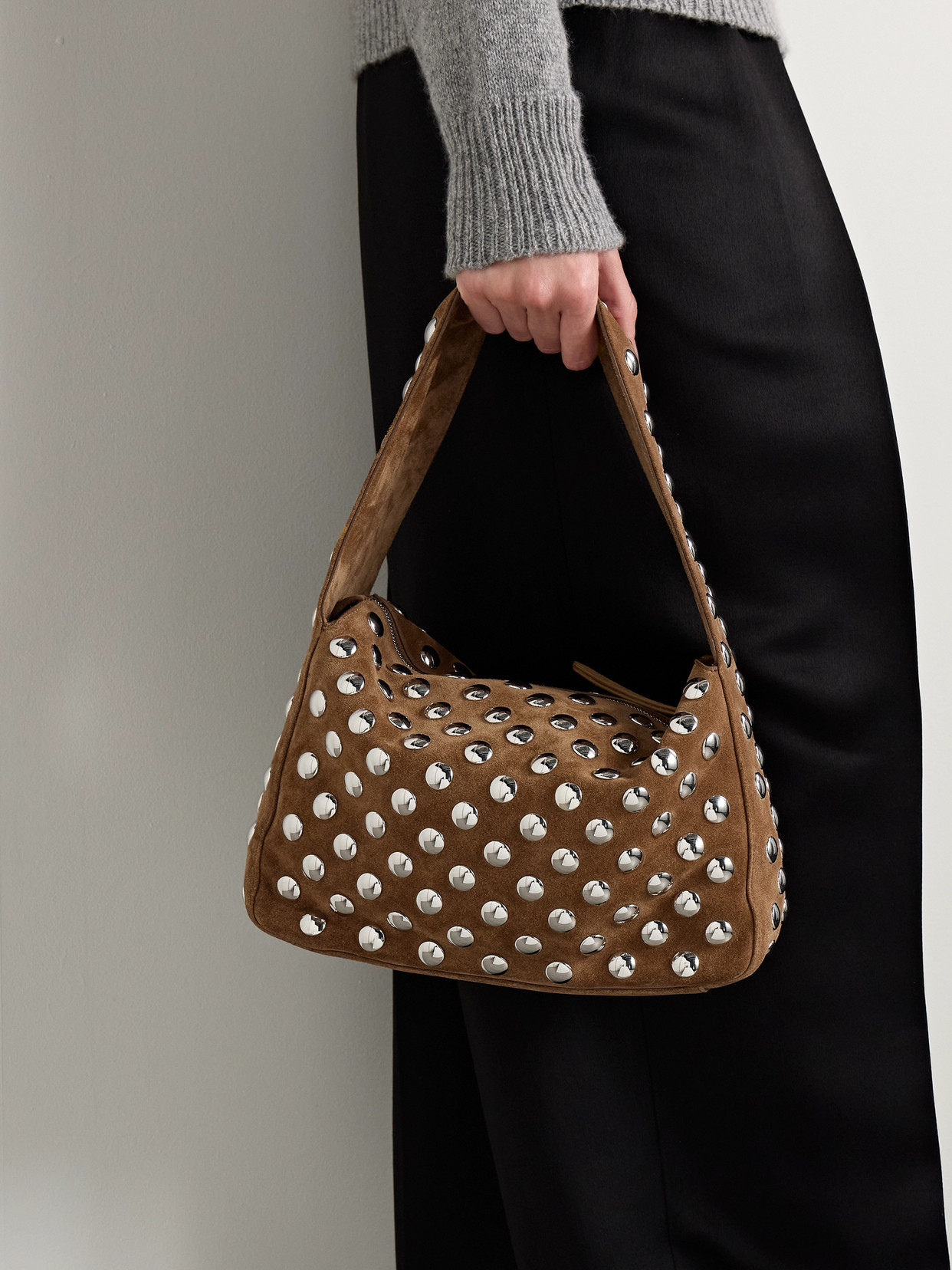 KHAITE ELENA MEDIUM STUDDED SUEDE SHOULDER BAG