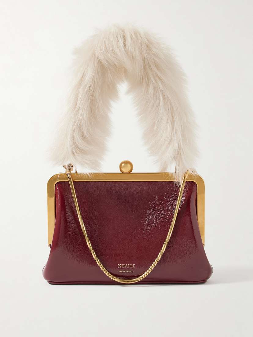 Khaite Lilith Small Shearling-trimmed Crinkled Patent-leather Tote