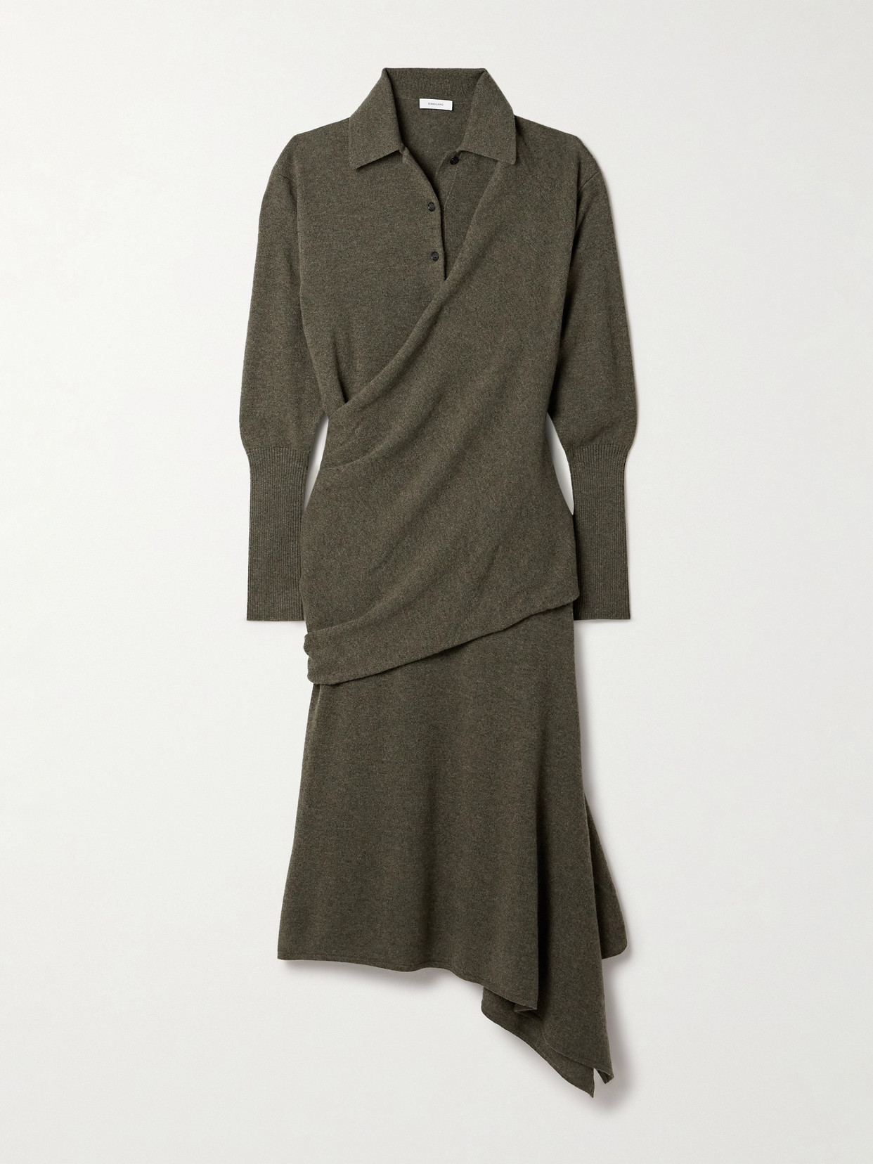 Ferragamo Draped Wrap-effect Wool And Cashmere-blend Midi Dress In Green