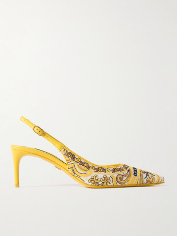 Dolce&Gabbana Maiolica Lollo leather-trimmed canvas-jacquard slingback pumps
