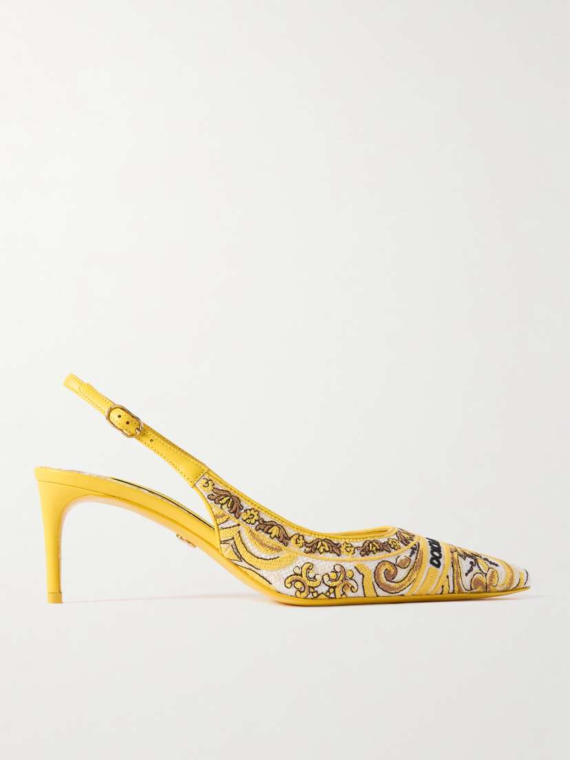 Dolce & Gabbana Maiolica Lollo Leather-trimmed Canvas-jacquard Slingback Pumps
