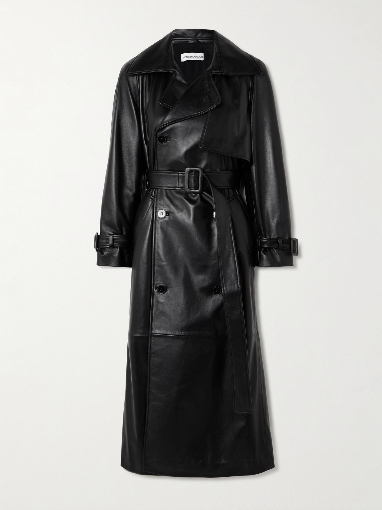 Nour Hammour Henri Belted Leather Trench Coat In Black