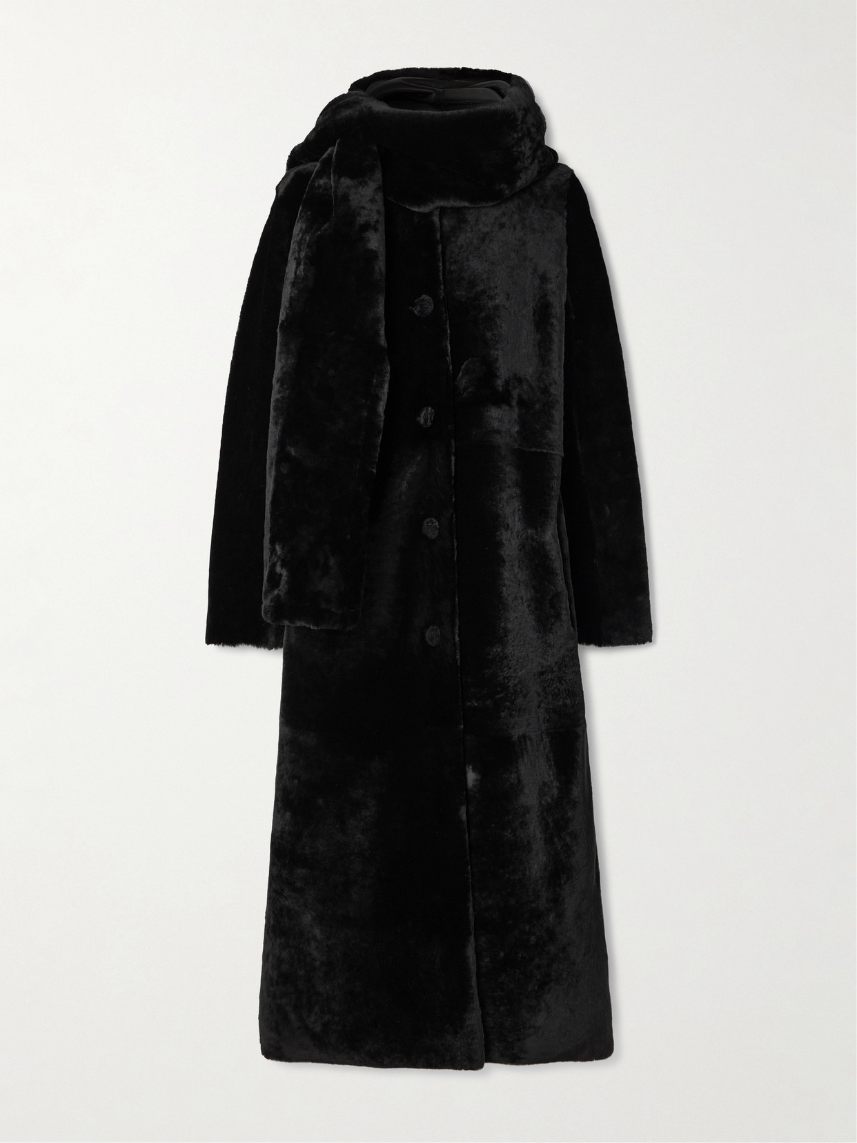 Nour Hammour Daphne Scarf-detailed Shearling Coat In Black
