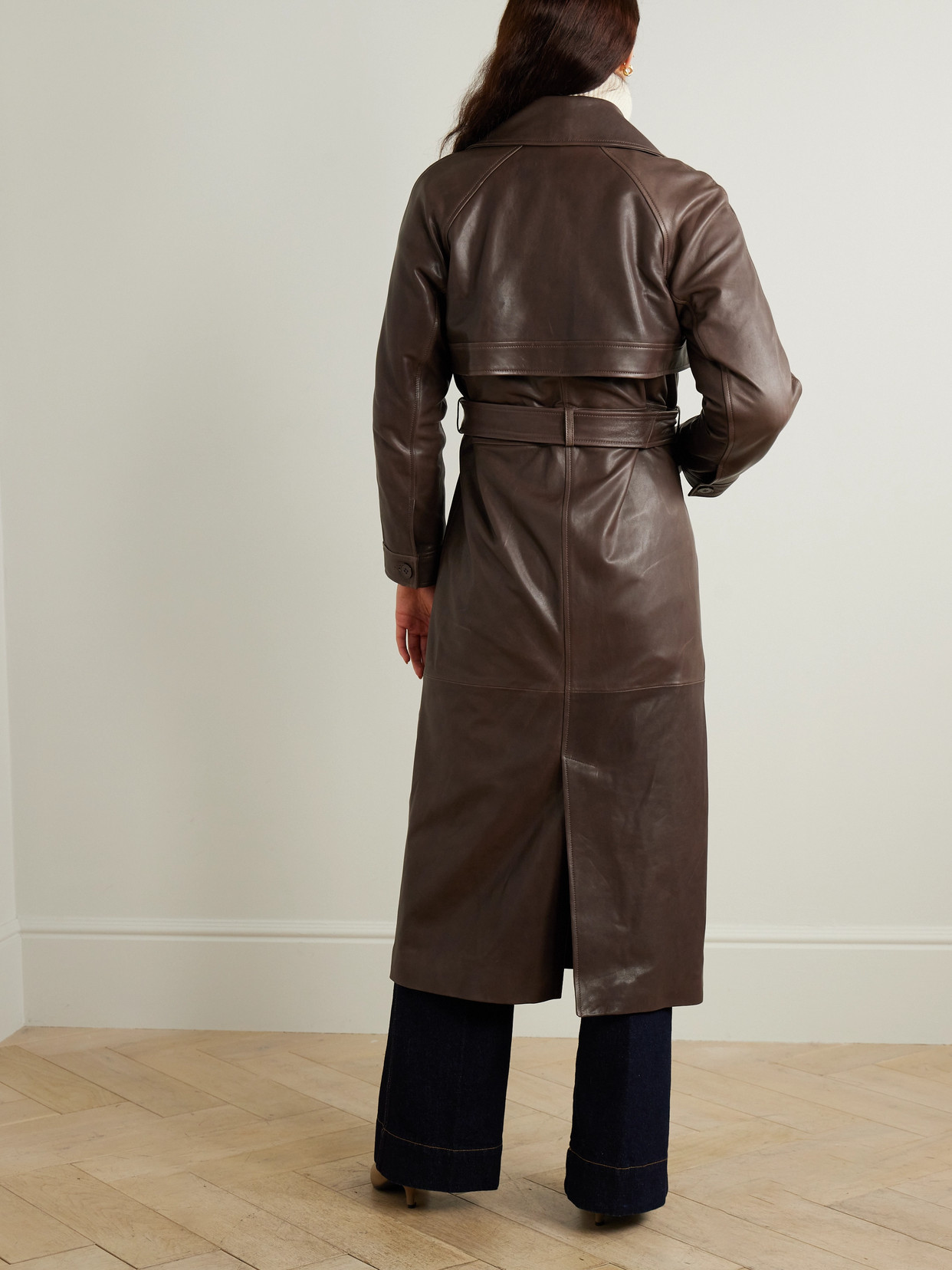 Nour Hammour Valetta Belted Leather Trench Coat In Brown