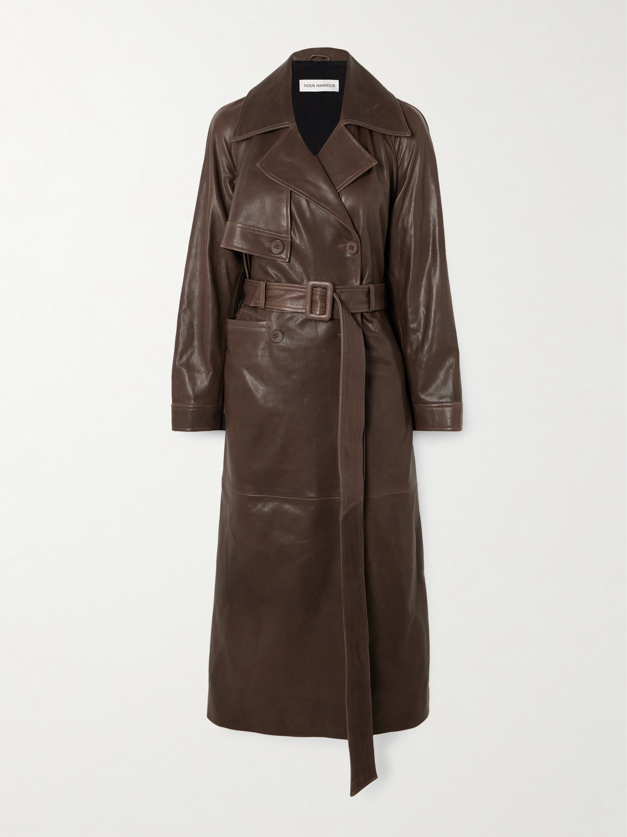 Nour Hammour Valetta Belted Leather Trench Coat In Brown