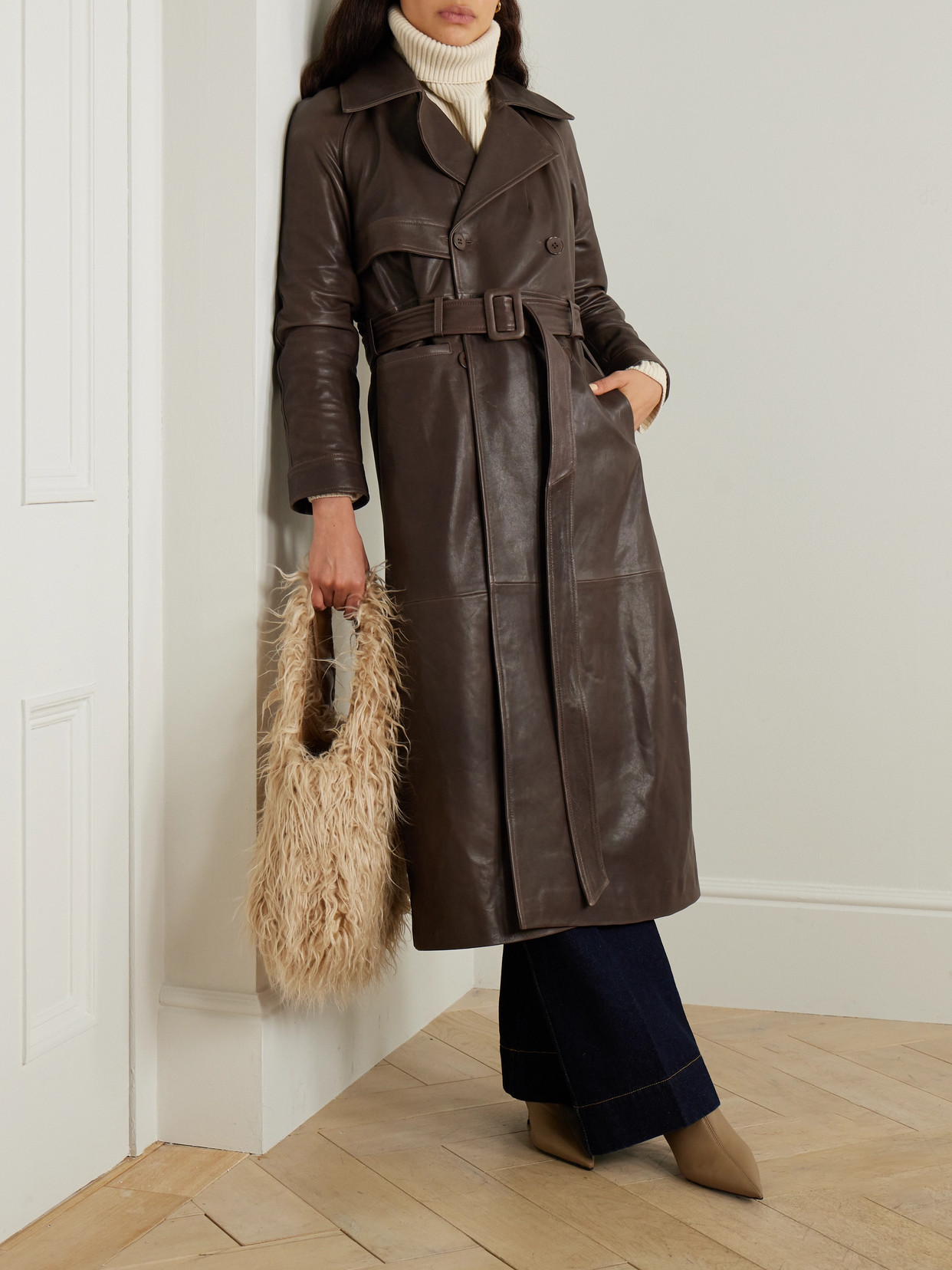 Nour Hammour Valetta Belted Leather Trench Coat In Brown