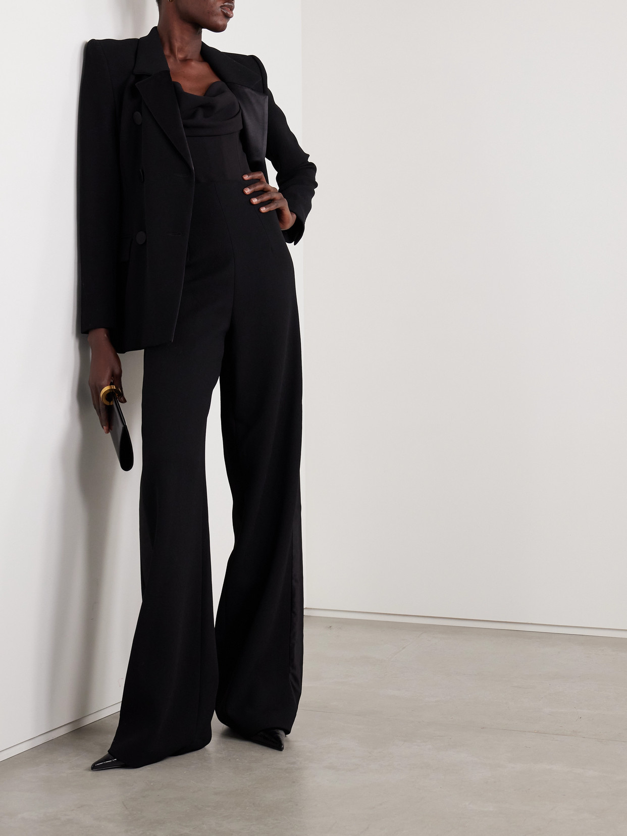 Sergio Hudson Silk Satin-trimmed Wool-blend Crepe Wide-leg Pants In Black