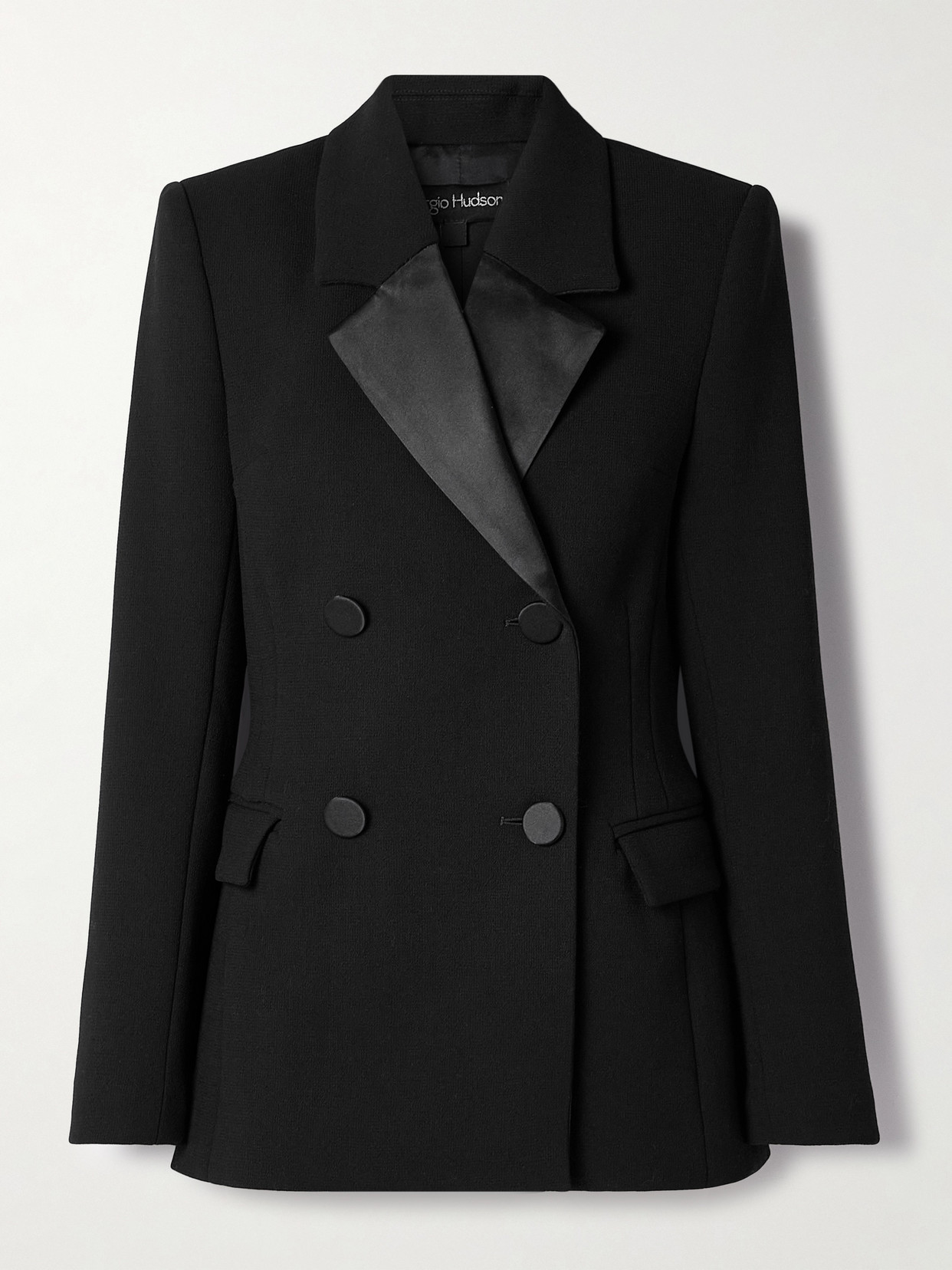 SERGIO HUDSON - Double-breasted Silk-satin Trimmed Wool-blend Blazer - Black
