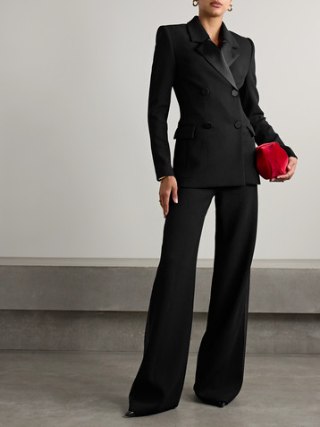 Sergio Hudson Double-breasted silk-satin trimmed wool-blend blazer