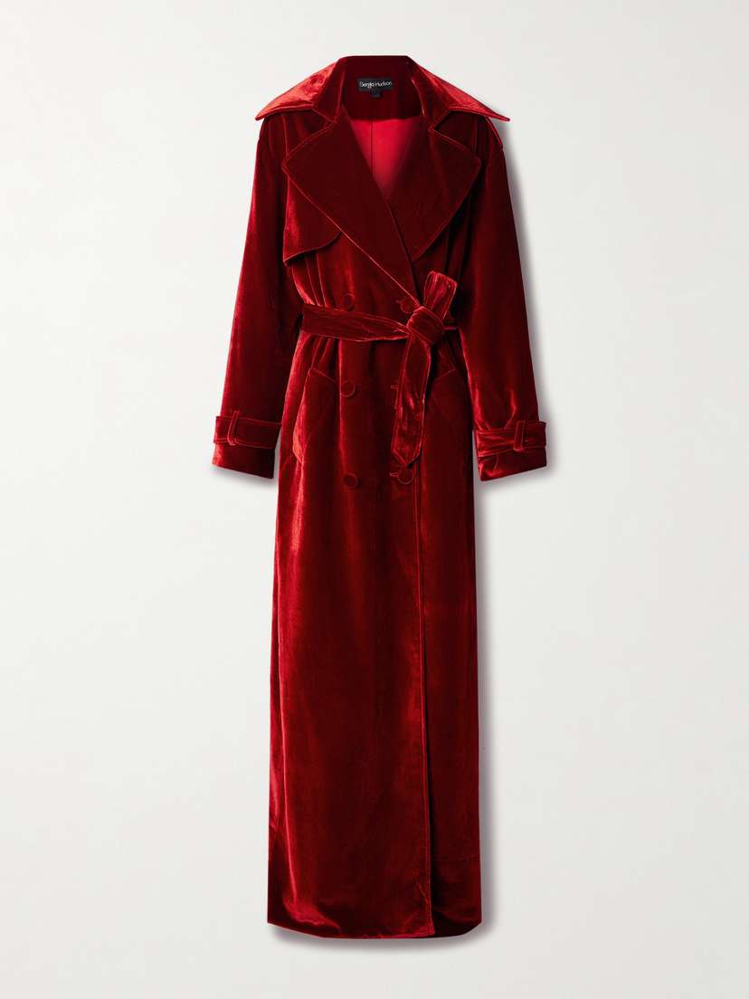 Sergio Hudson Belted Double-breasted Velvet Trench Coat
