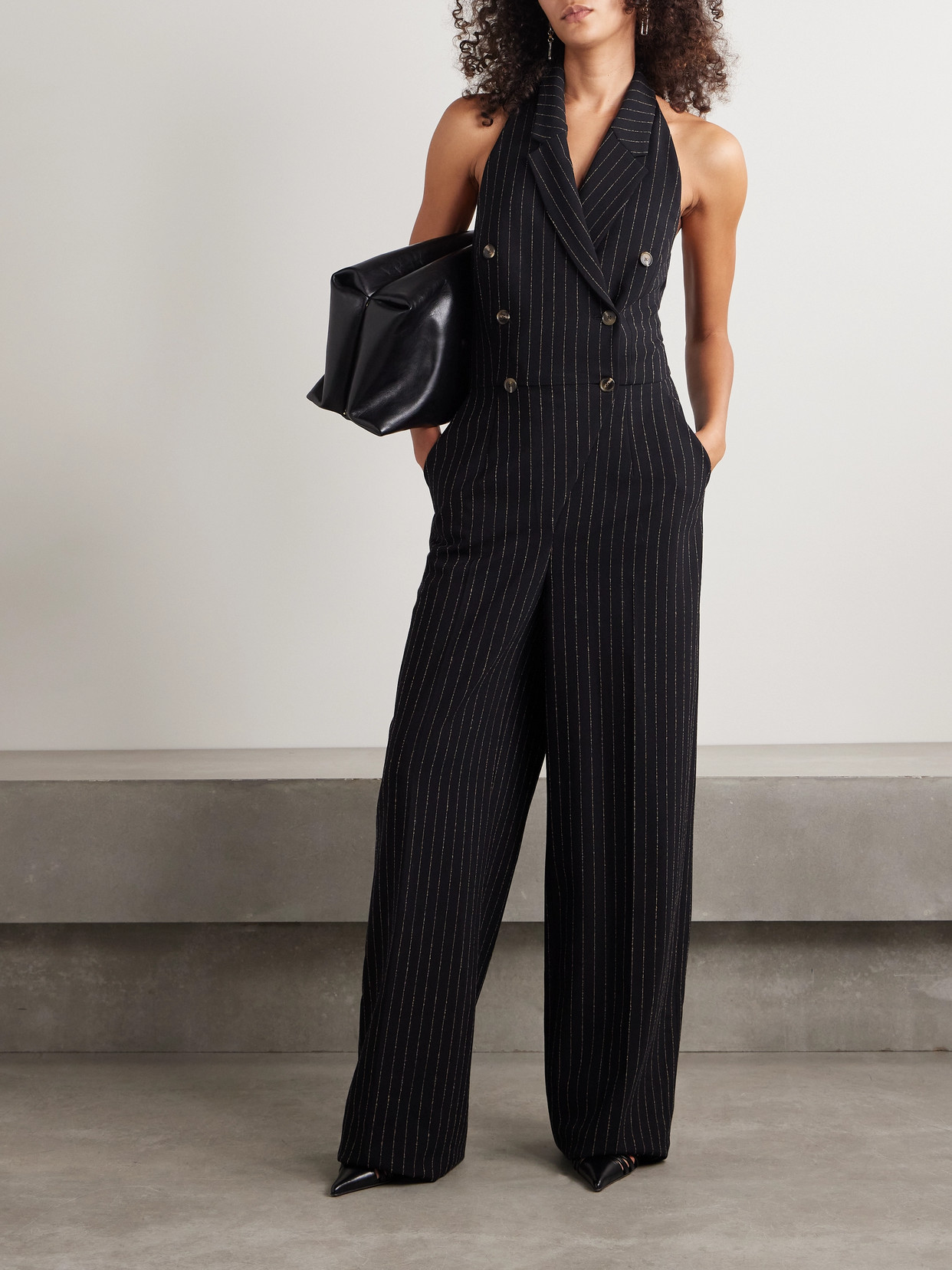 Sergio Hudson Double-breasted Pinstriped Twill Jumpsuit In Black
