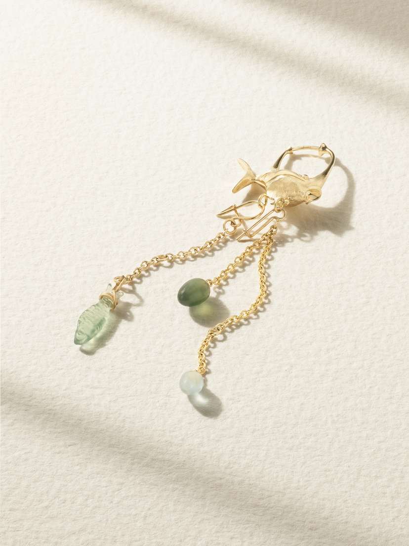 OLE LYNGGAARD COPENHAGEN Young Fish 18-karat Gold, Serpentine And Aquamarine Hoop Earrings