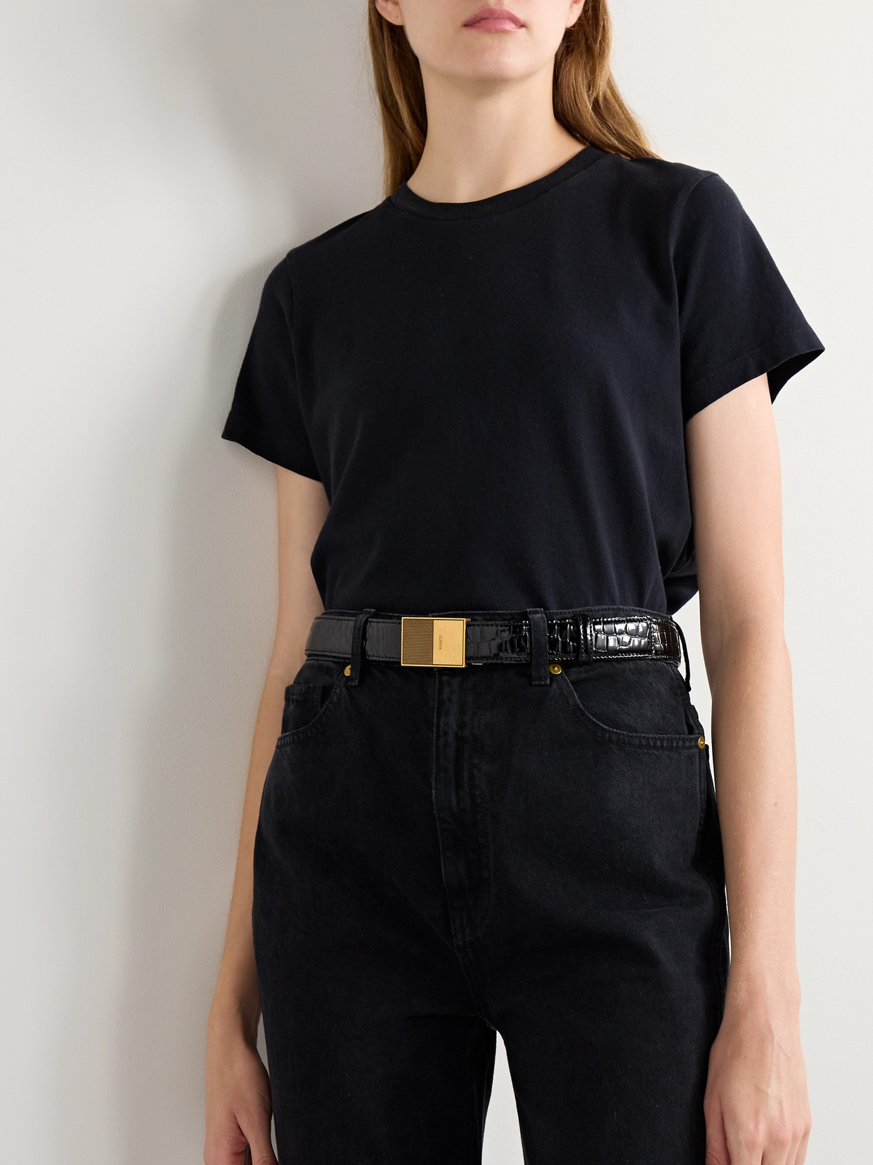 Khaite Elio Croc-effect Patent-leather Belt In Black