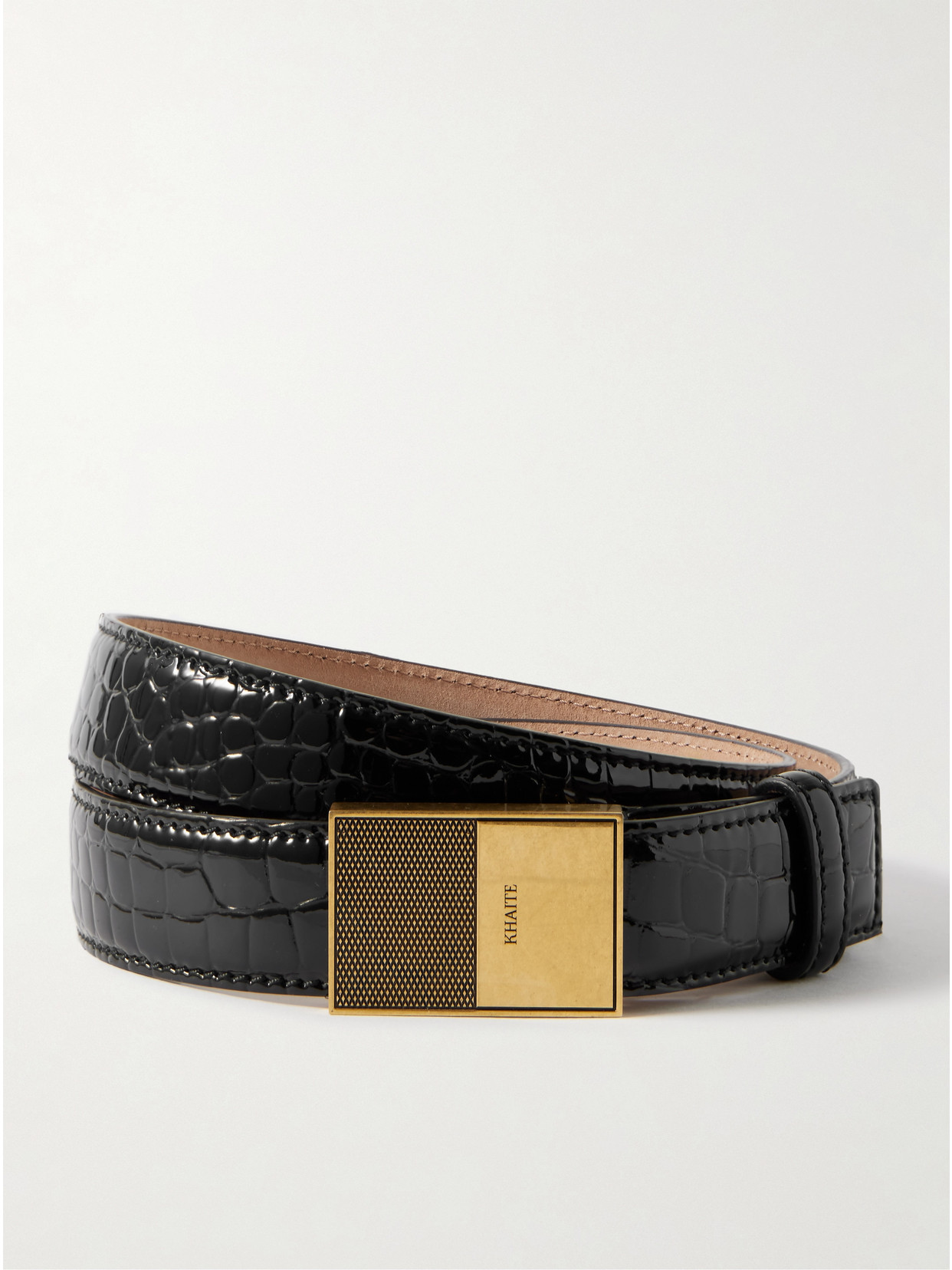 Khaite Elio Croc-effect Patent-leather Belt In Black