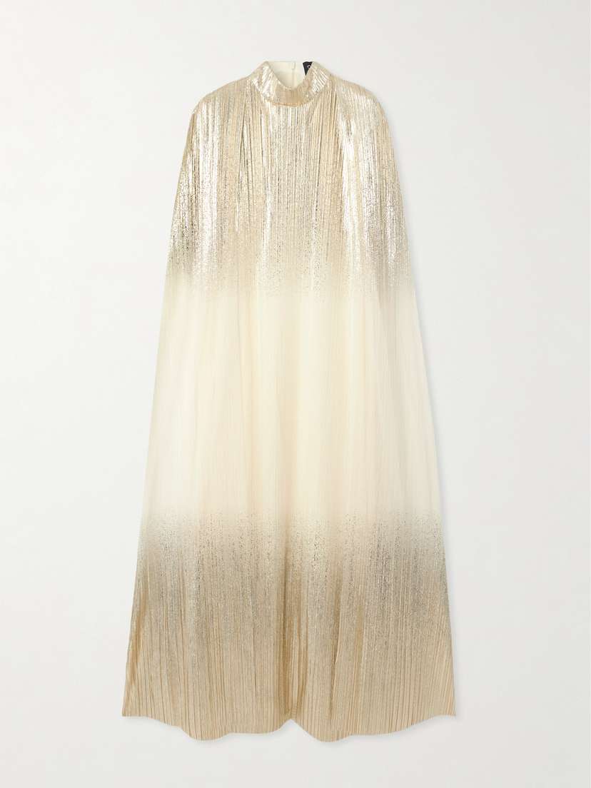 Dima Ayad Metallic Plissé-tulle Gown And Cape Set