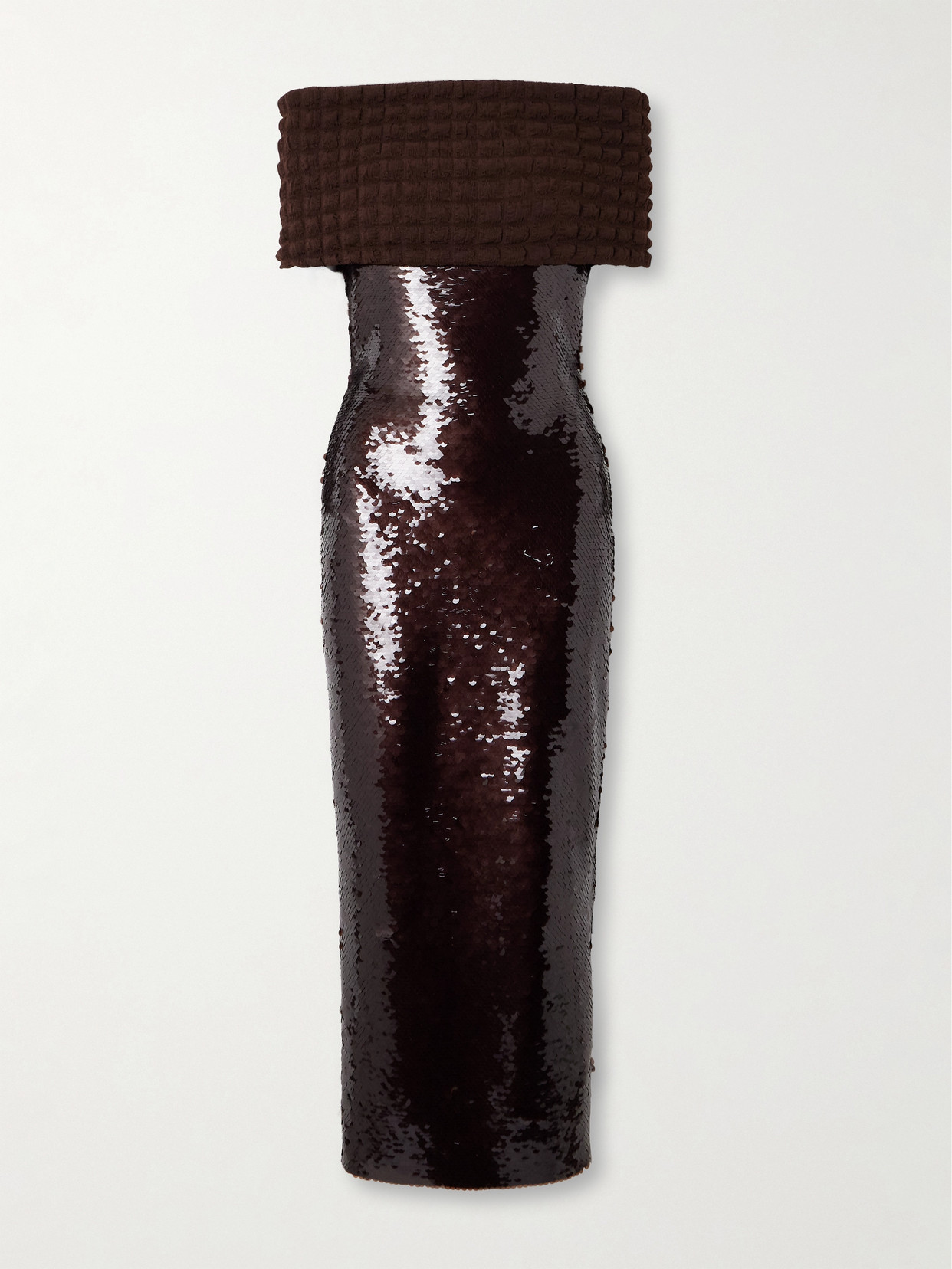 Dima Ayad Off-the-shoulder Sequined Tulle And Popcorn Midi Dress In Brown