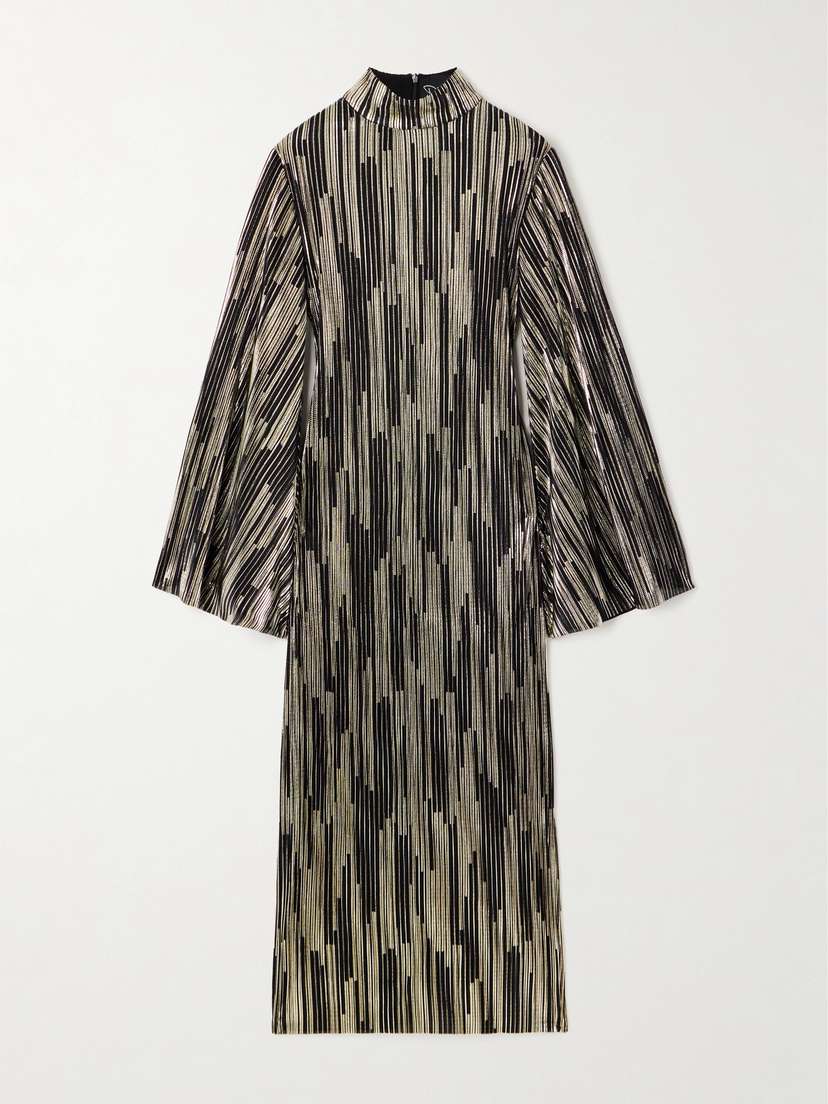 Dima Ayad Turtleneck Metallic Plissé Midi Dress