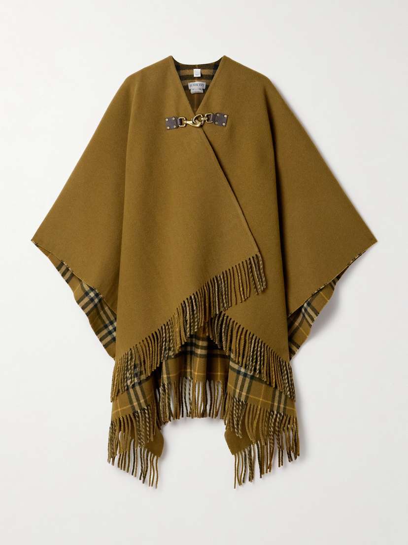 Burberry Fringed Leather-trimmed Wool-felt Cape