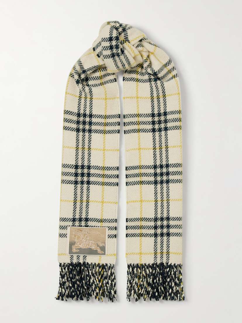Burberry Fringed Appliquéd Checked Cashmere And Wool-blend Scarf