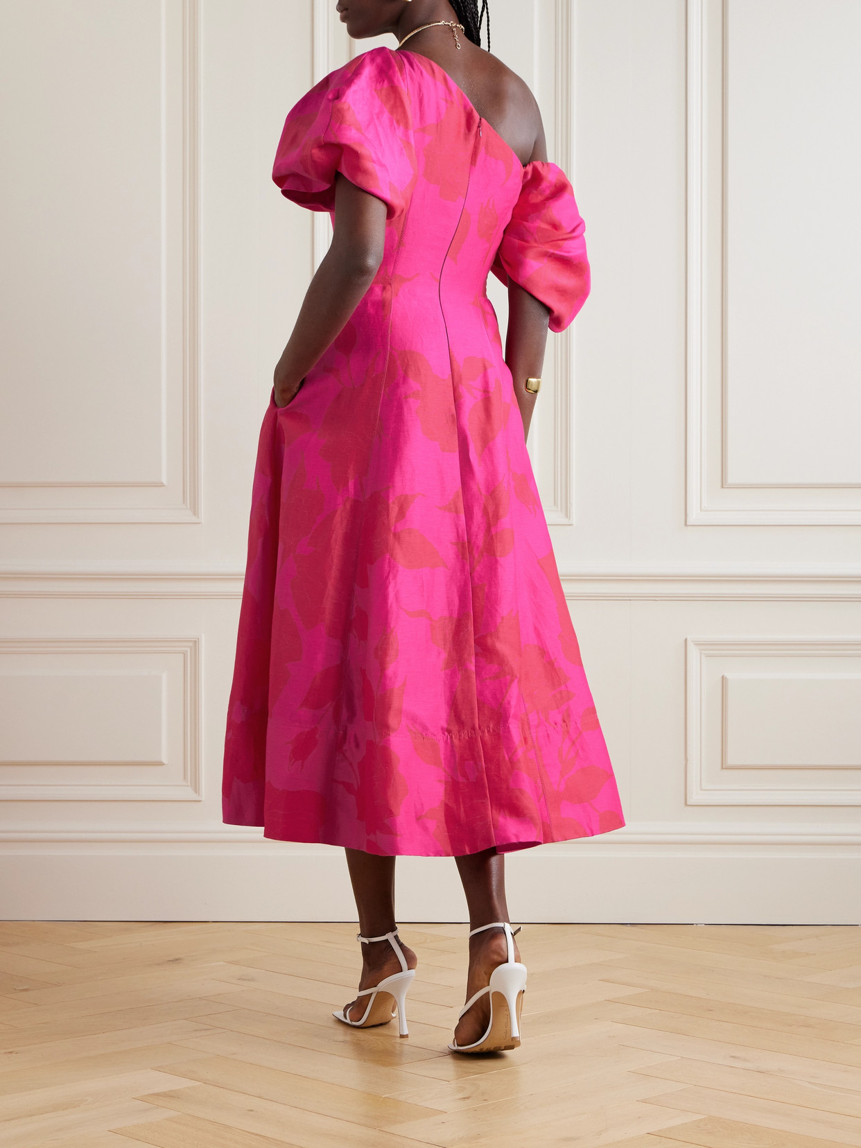 Aje Arista Tulip One-shoulder Floral-print Linen-blend Midi Dress In Pink