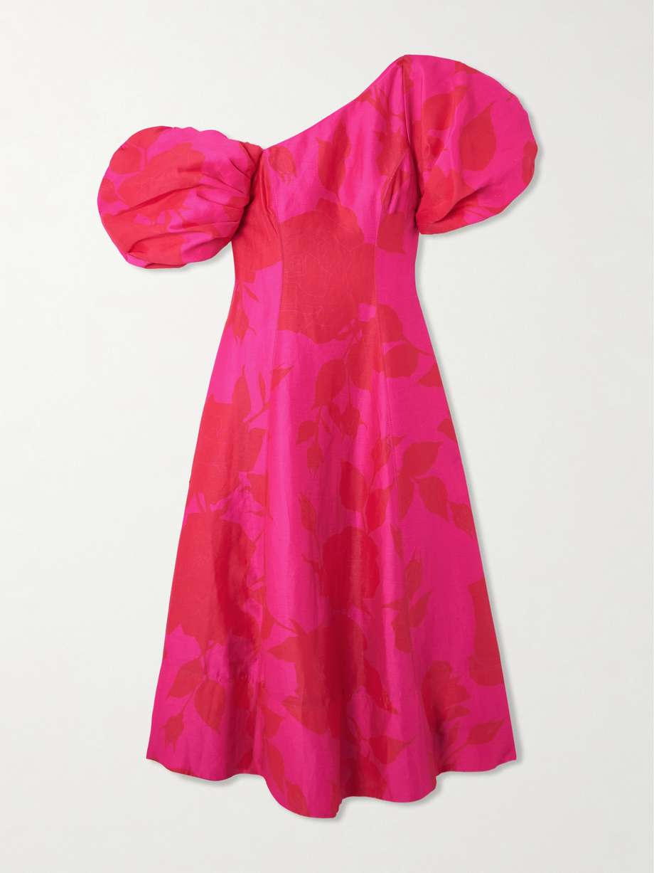 arista tulip one-shoulder floral-print linen-blend midi dress