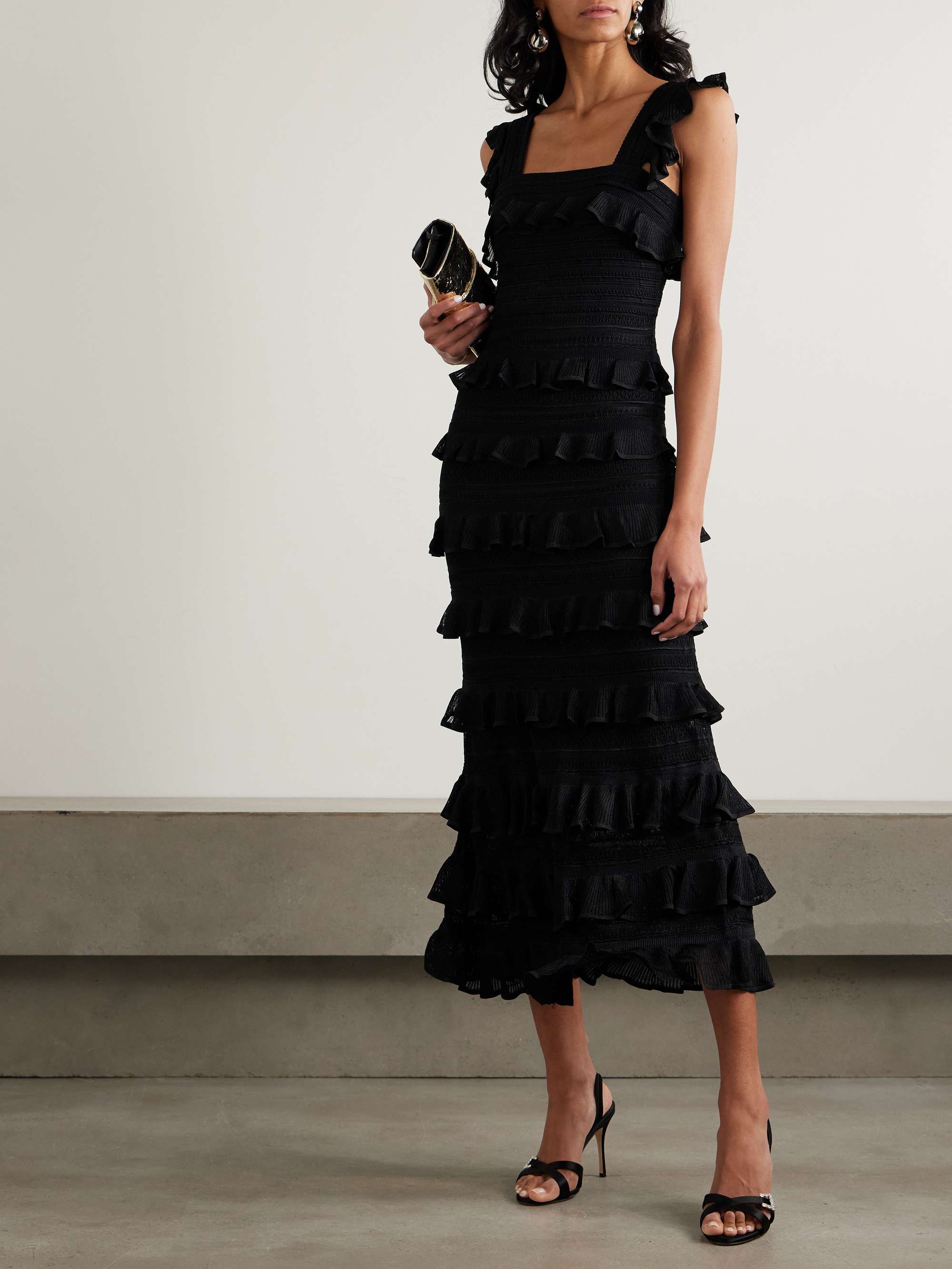 Illustration ruffled knitted midi dress black 00