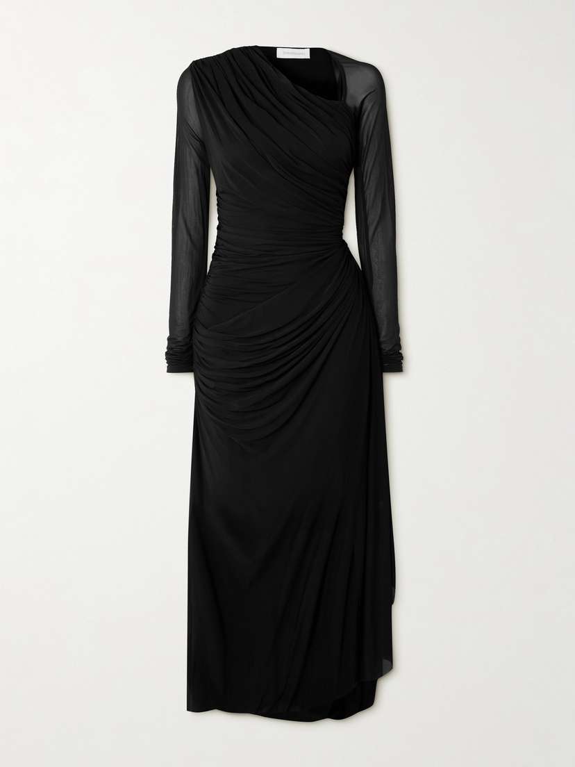 Zimmermann Illustration Asymmetric Ruched Stretch-mesh Midi Dress