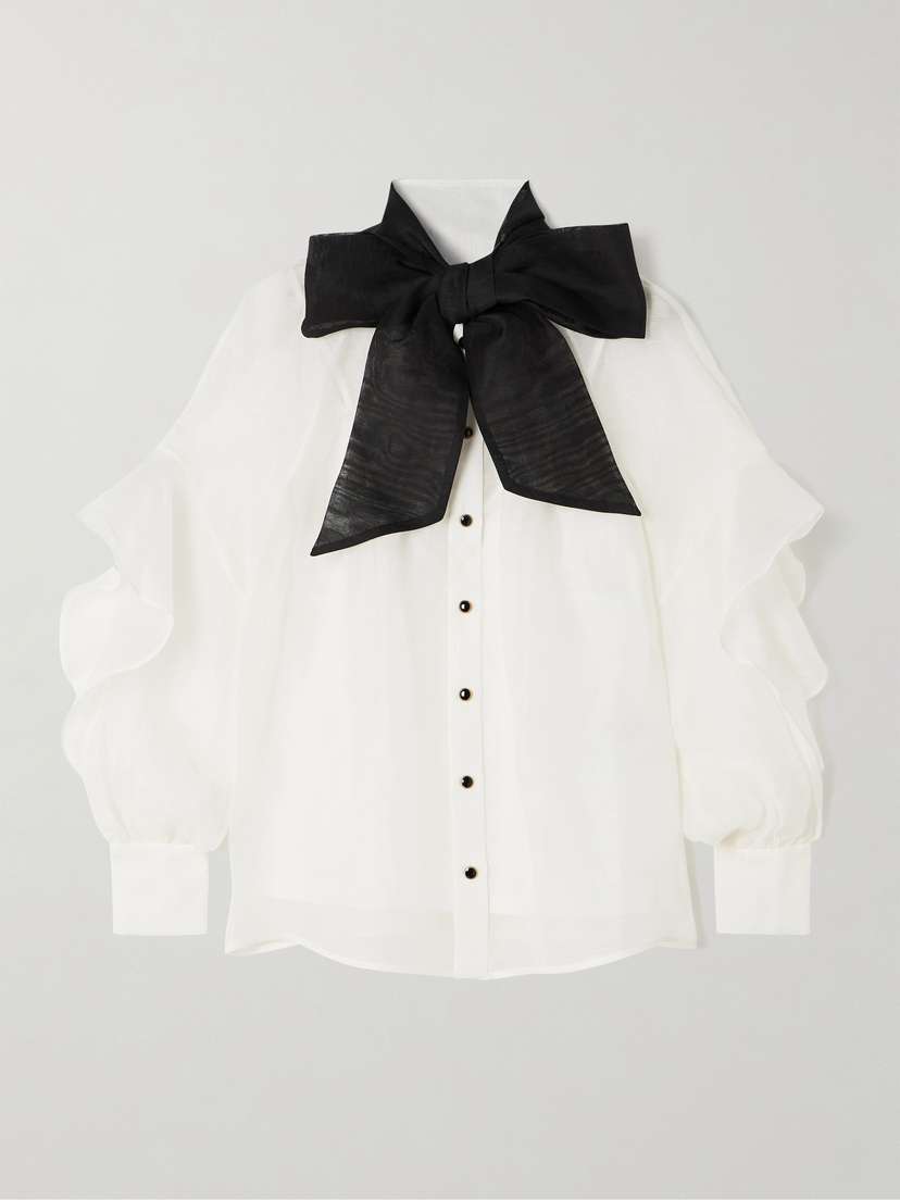 Zimmermann Illustration Waterfall Bow-detailed Ruffled Linen And Silk-blend Organza Shirt