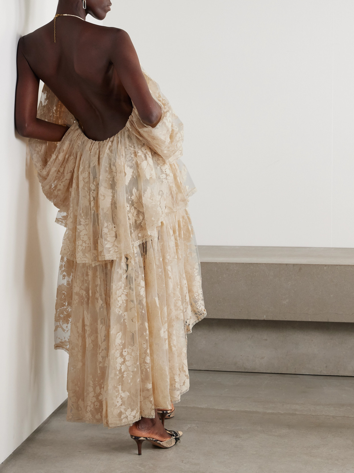 Zimmermann Illustration Open-back Tiered Pleated Cotton-blend Lace Halterneck Mini Dress In Cream