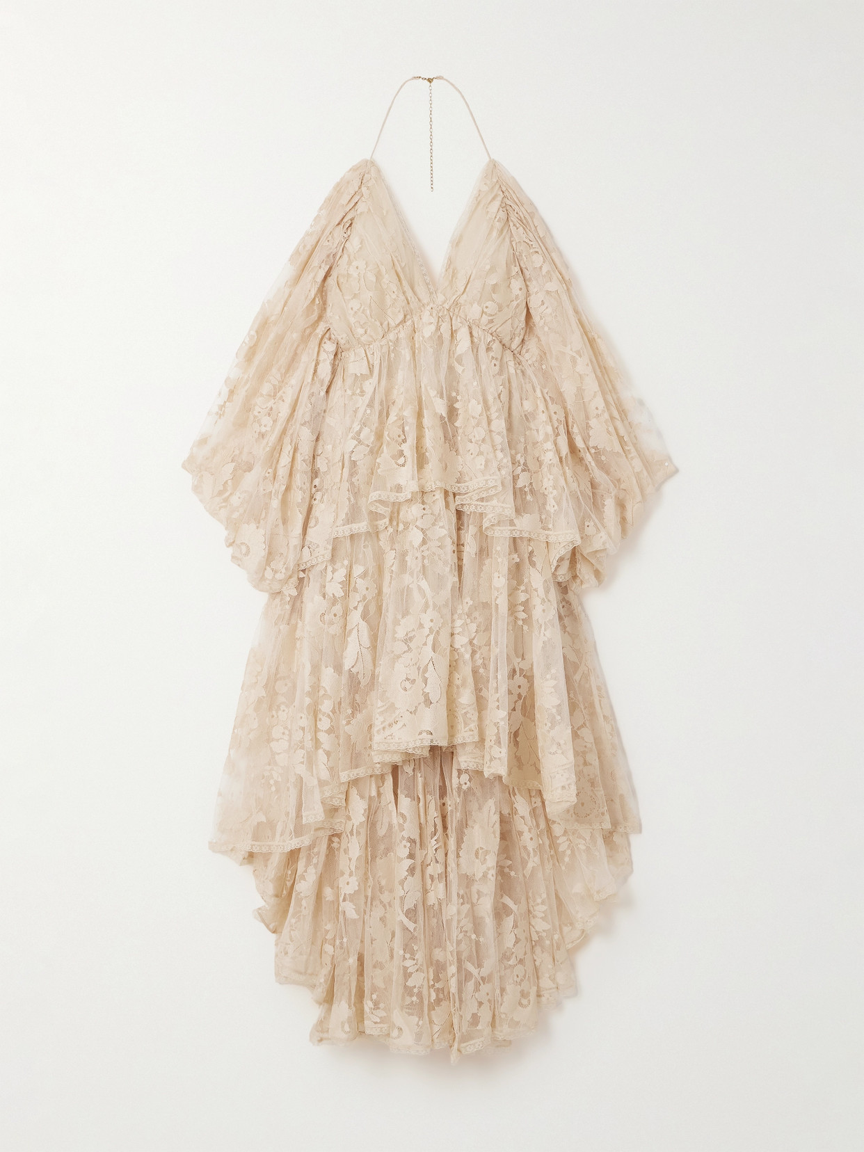 Zimmermann Illustration Open-back Tiered Pleated Cotton-blend Lace Halterneck Mini Dress In Cream