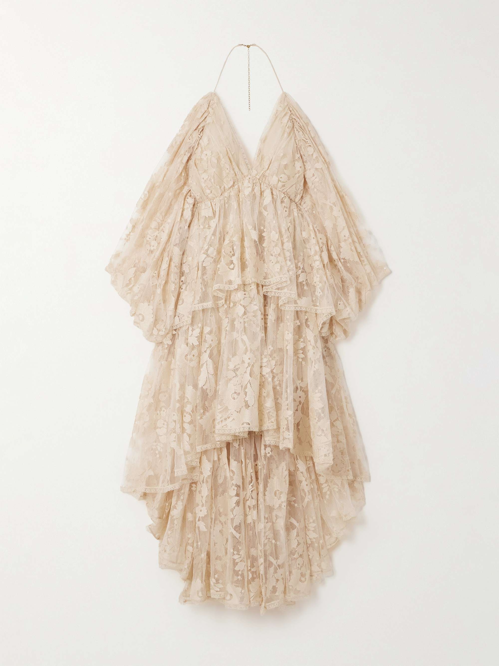 Illustration open back tiered pleated cotton blend lace halterneck mini dress cream 00