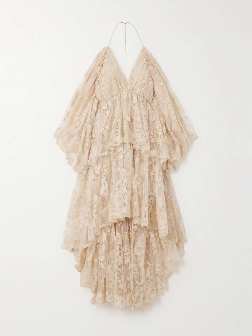 Zimmermann Illustration Open-back Tiered Pleated Cotton-blend Lace Halterneck Mini Dress