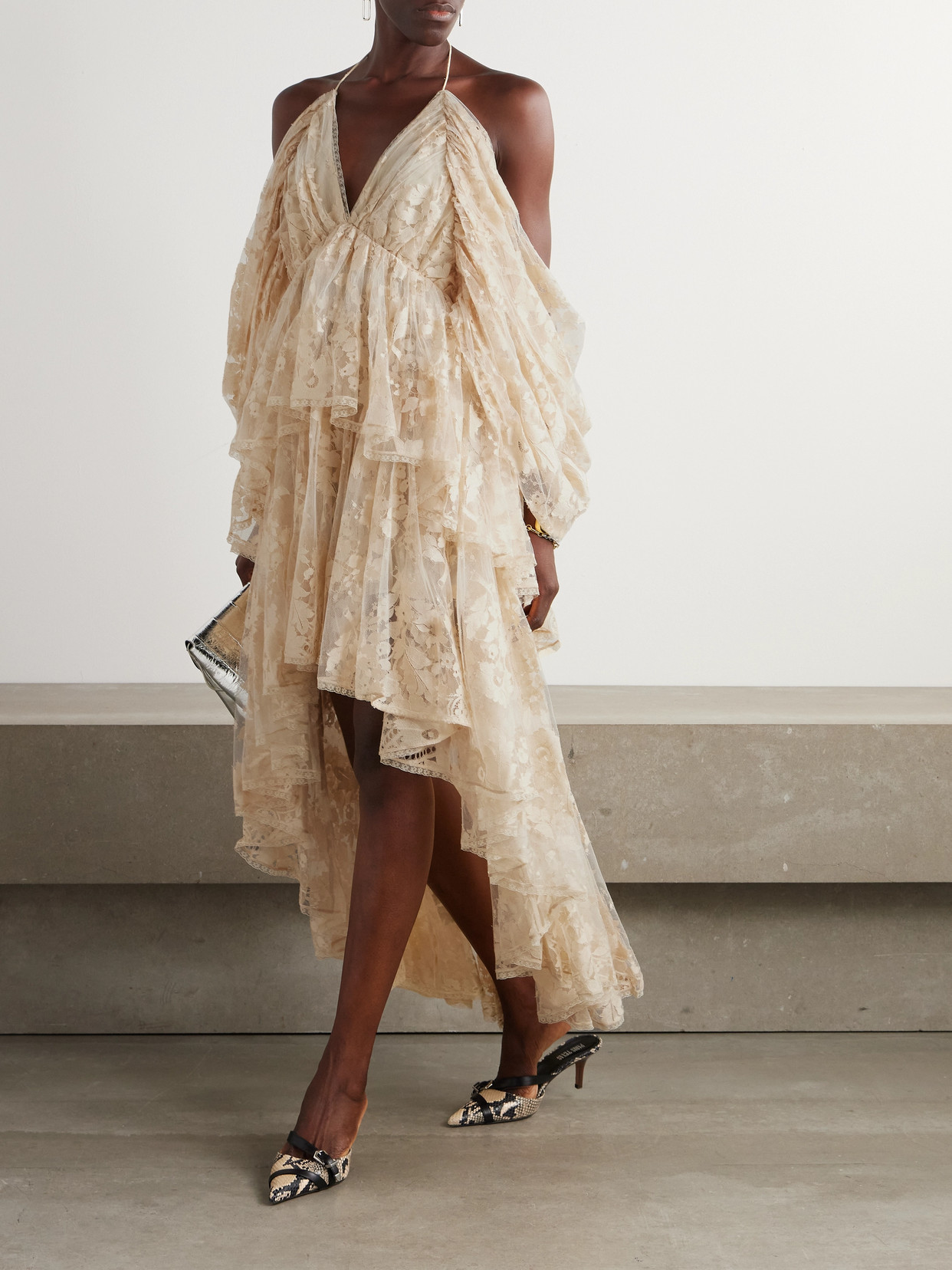 Zimmermann Illustration Open-back Tiered Pleated Cotton-blend Lace Halterneck Mini Dress In Cream