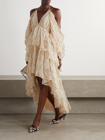 Zimmermann Illustration open-back tiered pleated cotton-blend lace halterneck mini dress