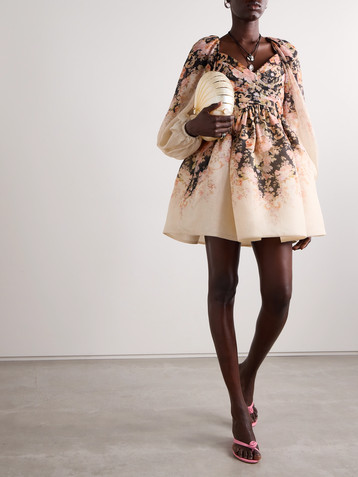 Zimmermann Illustration pleated floral-print linen and silk-blend organza mini dress