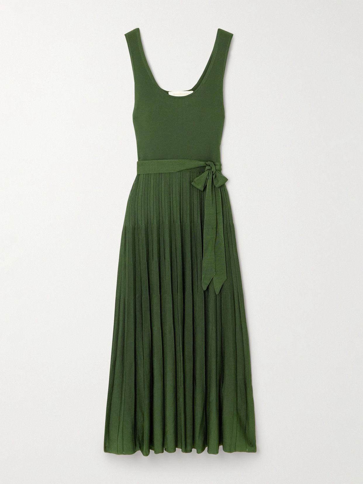 Zimmermann Illustration Belted Pleated Ribbed-knit Midi Dress In Green