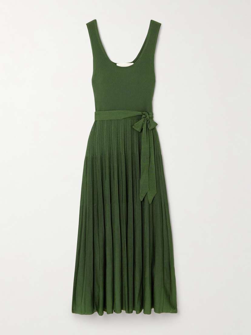 Zimmermann Illustration Belted Pleated Ribbed-knit Midi Dress