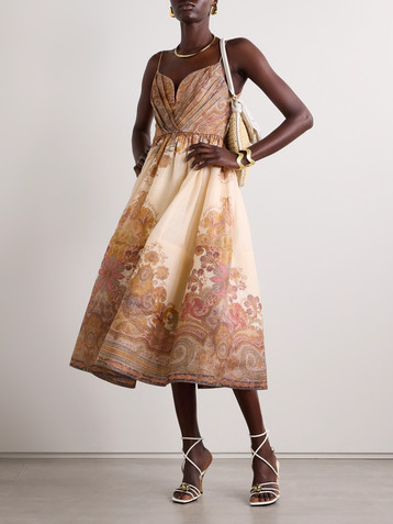 Zimmermann Illustration pleated printed linen and silk-blend organza midi dress