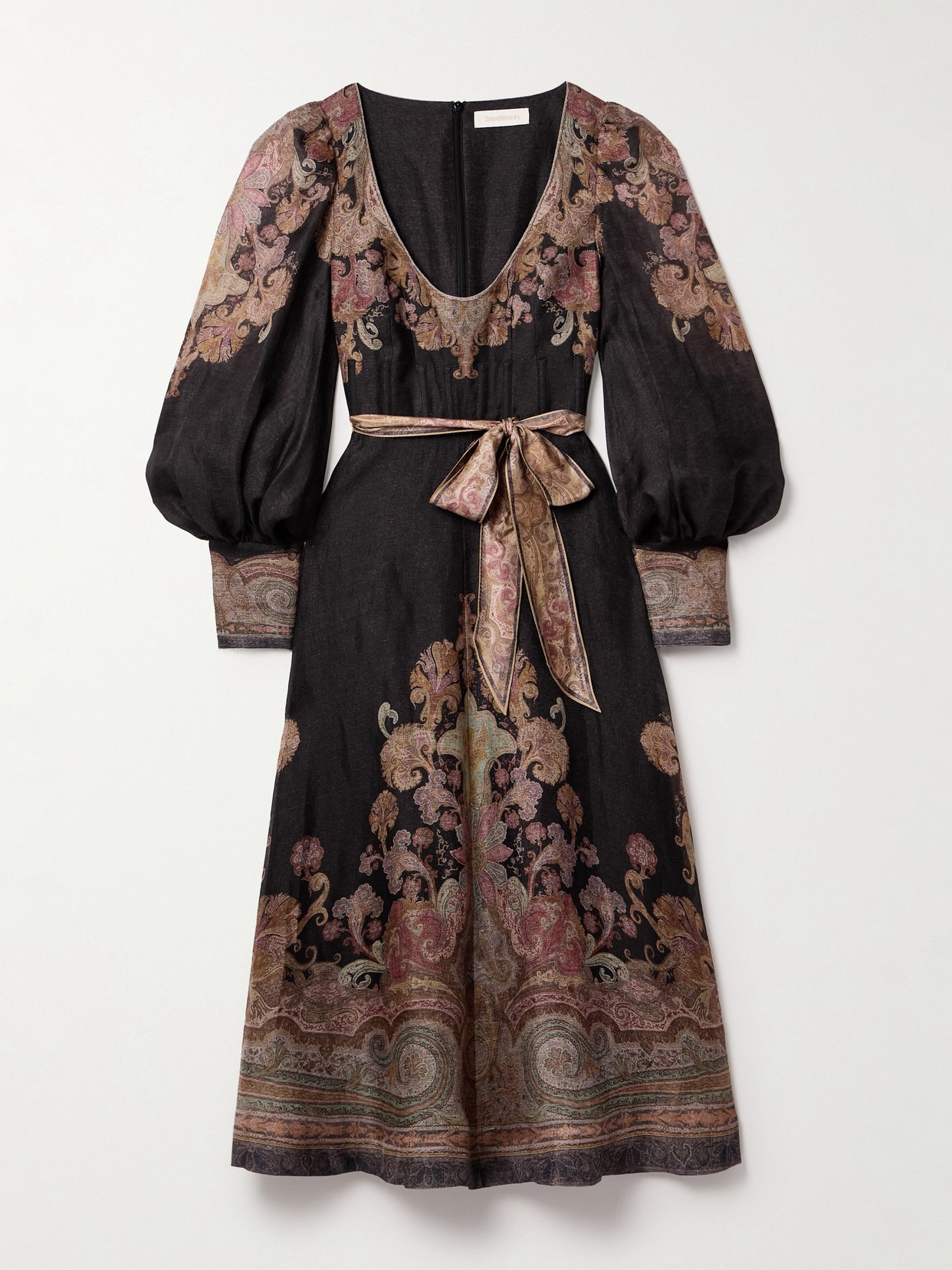 Zimmermann Illustration Belted Printed Linen And Silk-blend Organza Midi Dress In Multi