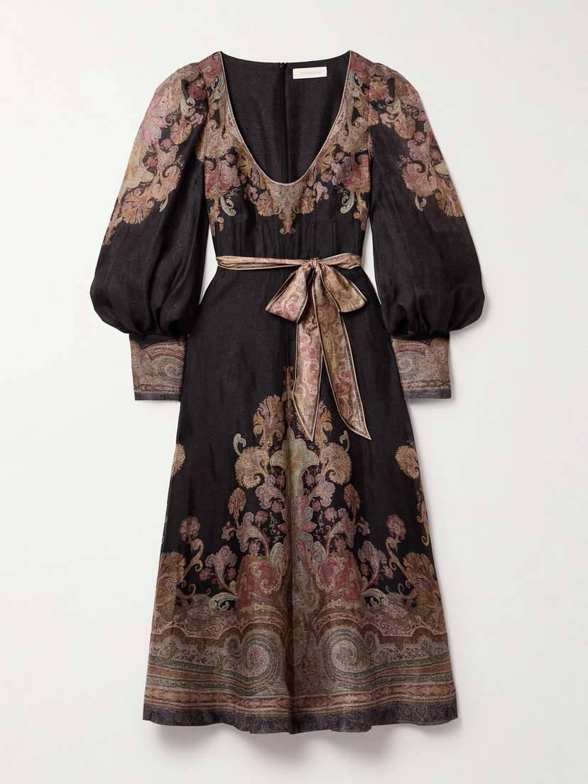Zimmermann Illustration Belted Printed Linen And Silk-blend Organza Midi Dress