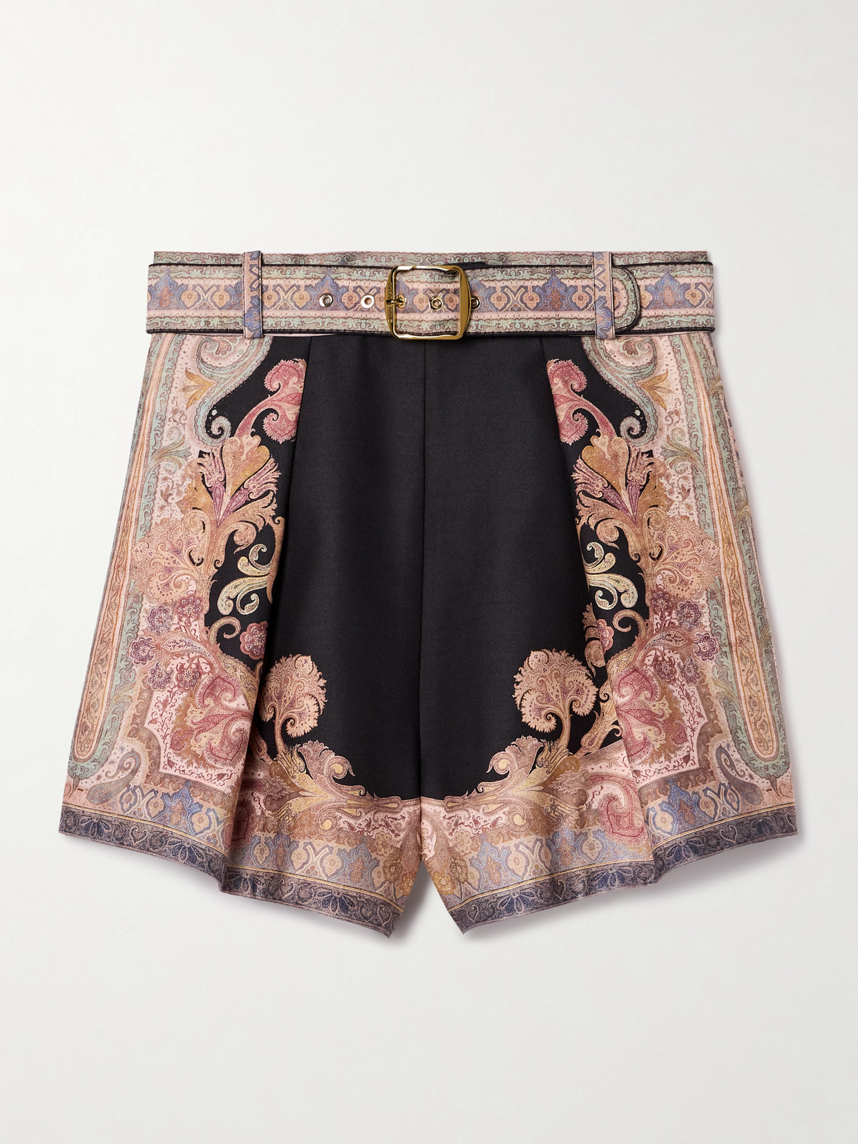 Zimmermann Illustration Belted Pleated Printed Silk And Cotton-blend Twill Shorts In Multi