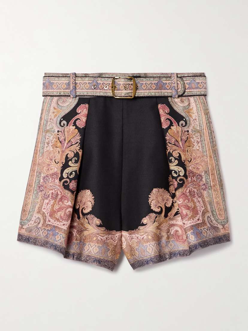 Zimmermann Illustration Belted Pleated Printed Silk And Cotton-blend Twill Shorts
