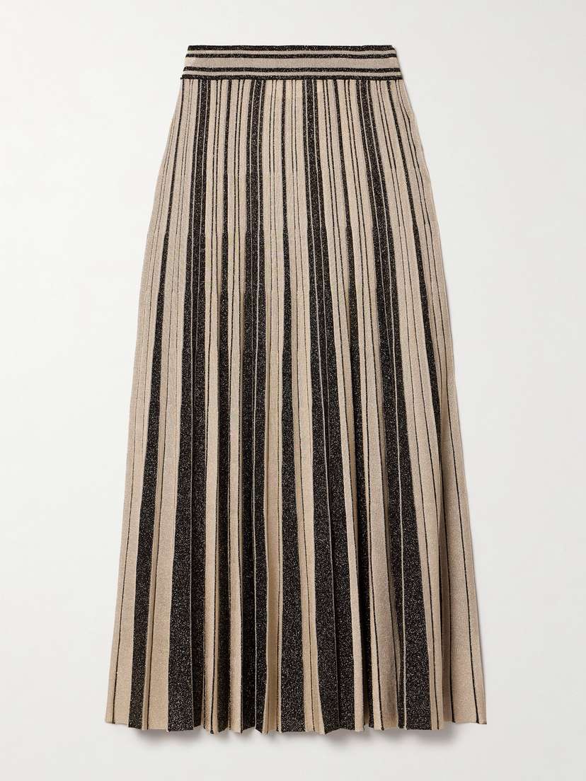 Zimmermann Story 1 Striped Pleated Metallic Stretch-knit Midi Skirt