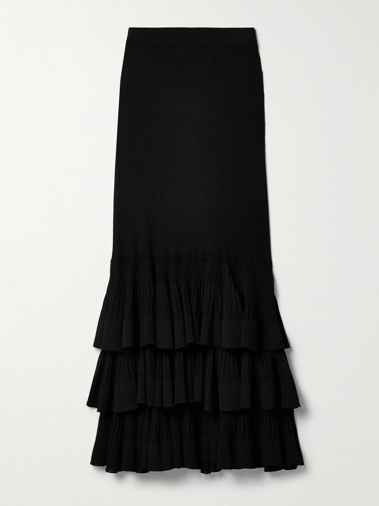 ZIMMERMANN STORY 1 TIERED RUFFLED RIBBED-KNIT MAXI SKIRT