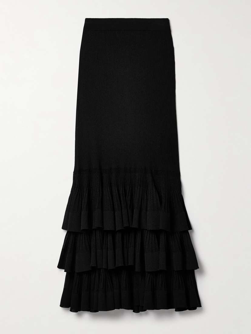 Zimmermann Story  Tiered Ruffled Ribbed-knit Maxi Skirt