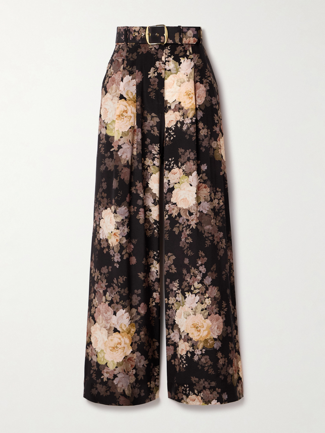 ZIMMERMANN ILLUSTRATION BELTED PLEATED FLORAL-PRINT SILK CREPE DE CHINE WIDE-LEG PANTS