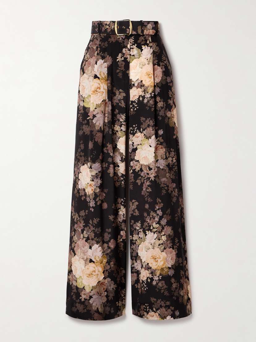 Zimmermann Illustration Belted Pleated Floral-print Silk Crepe De Chine Wide-leg Pants