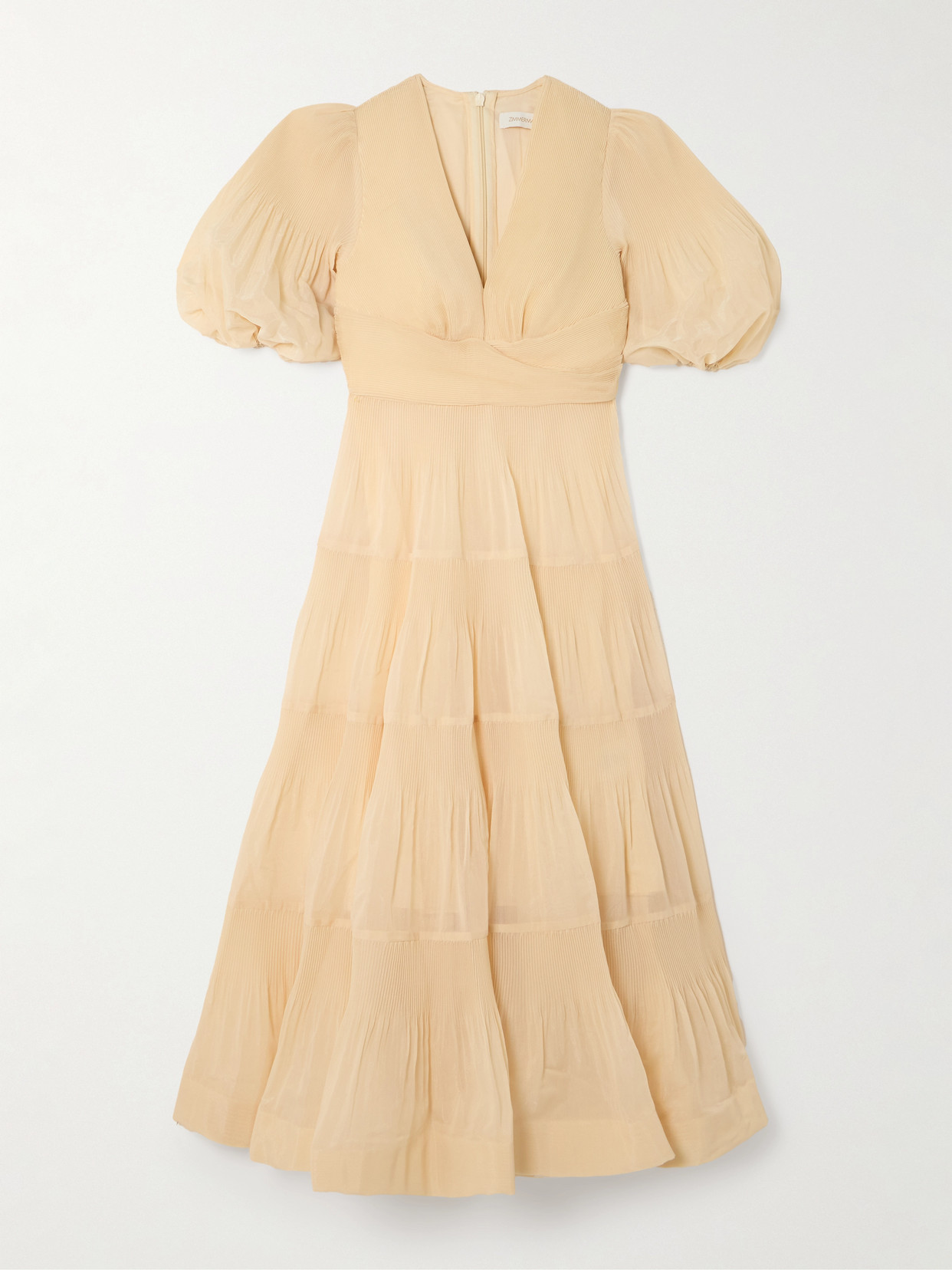 Zimmermann Tiered Plissé-taffeta Midi Dress In Cream