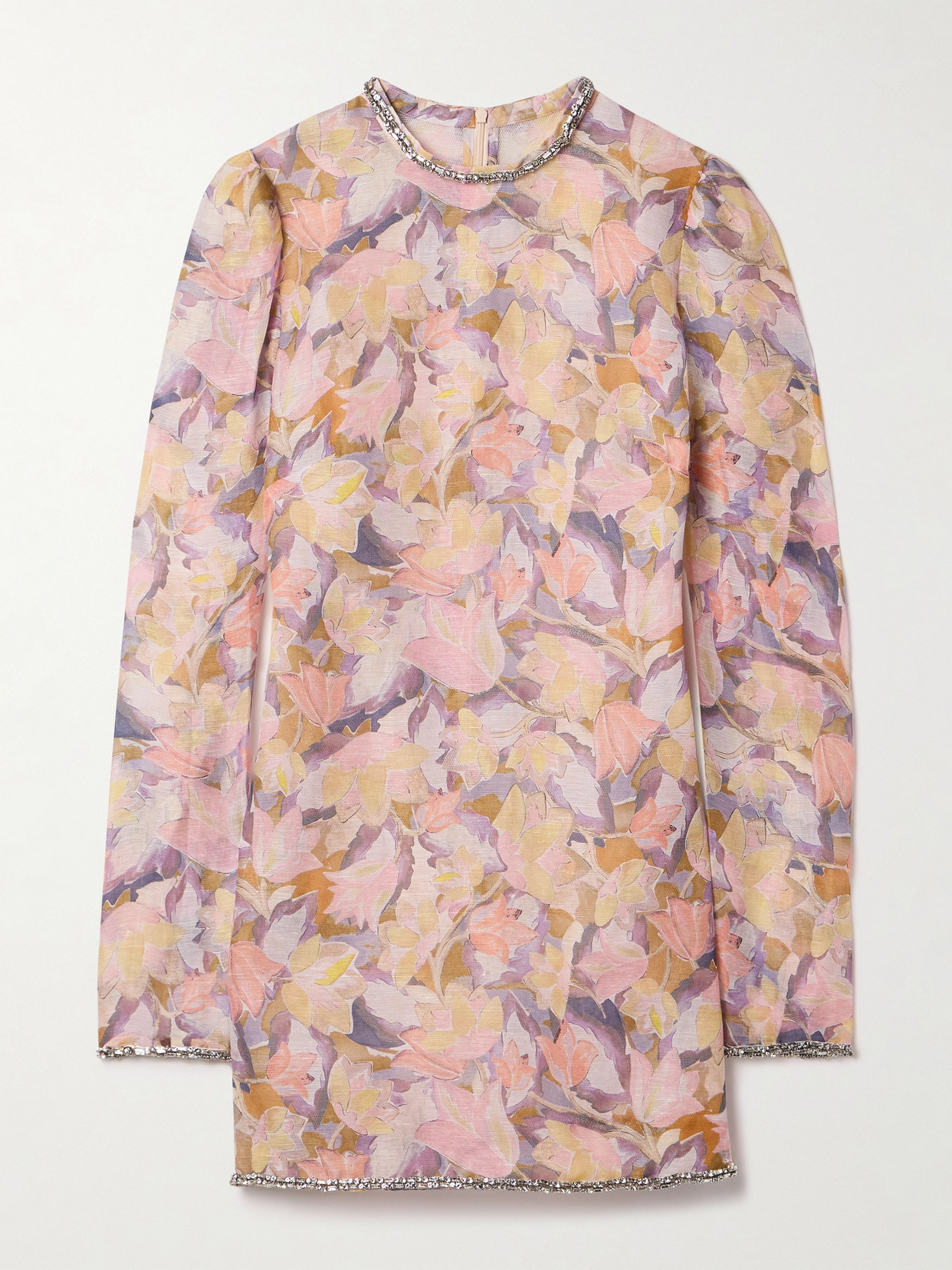 Zimmermann Illustration Crystal-embellished Floral-print Linen And Silk-blend Organza Mini Dress In Multi